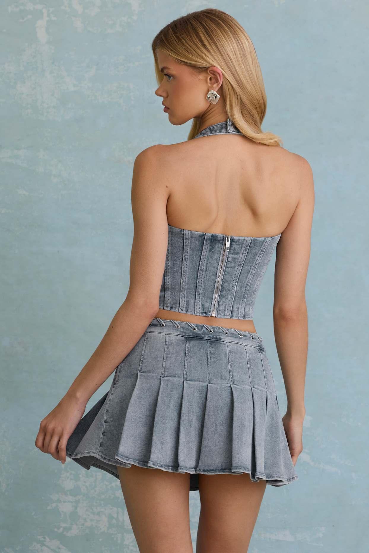 Low-Rise Pleated Mini Skirt in Light Blue Product Image