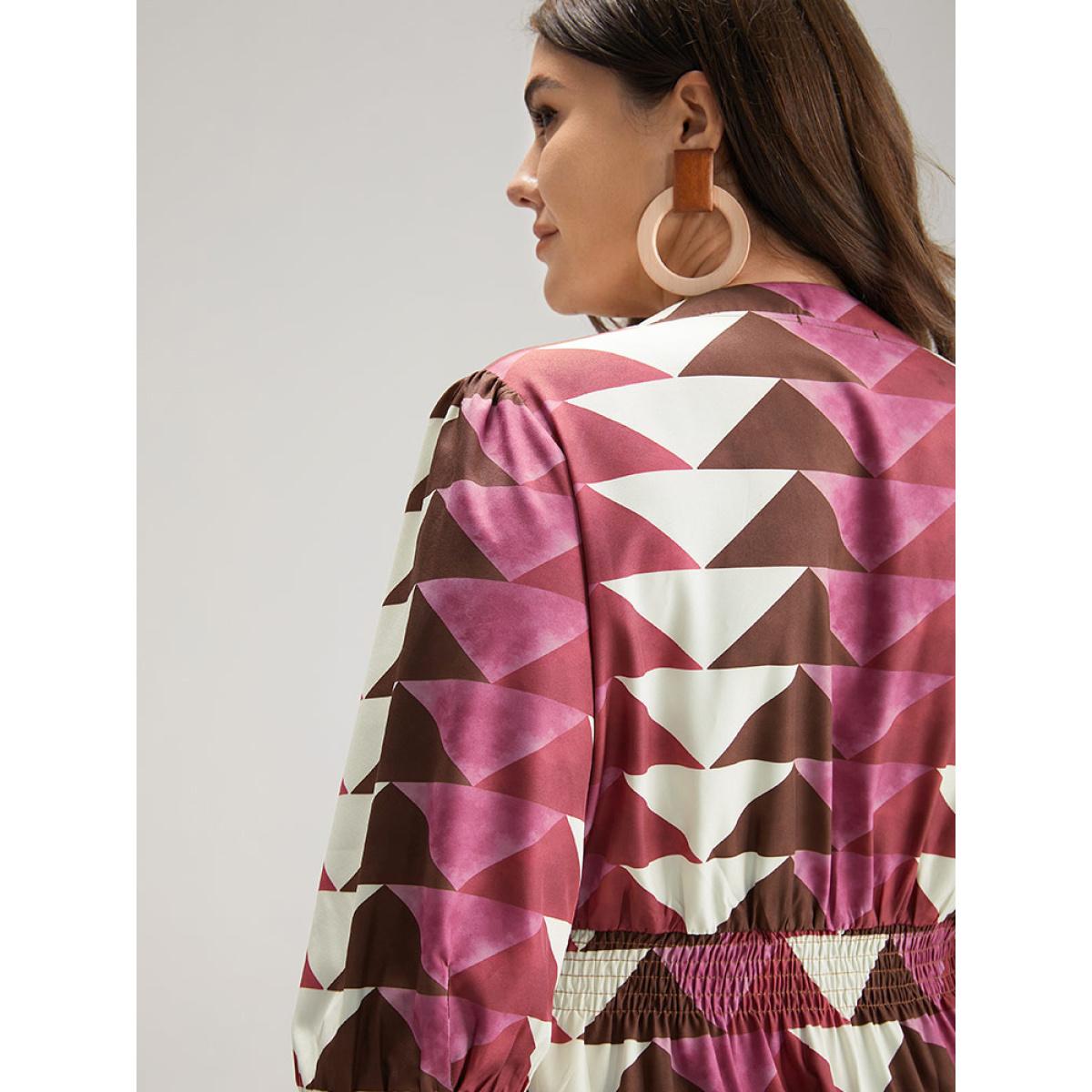 Plus Size Geometric Shirred Button Up Ruffle Hem Dress RedViolet Women Vacation Printed Notched collar Elbow-length sleeve Curvy Midi Dress BloomChic 28/5X Product Image