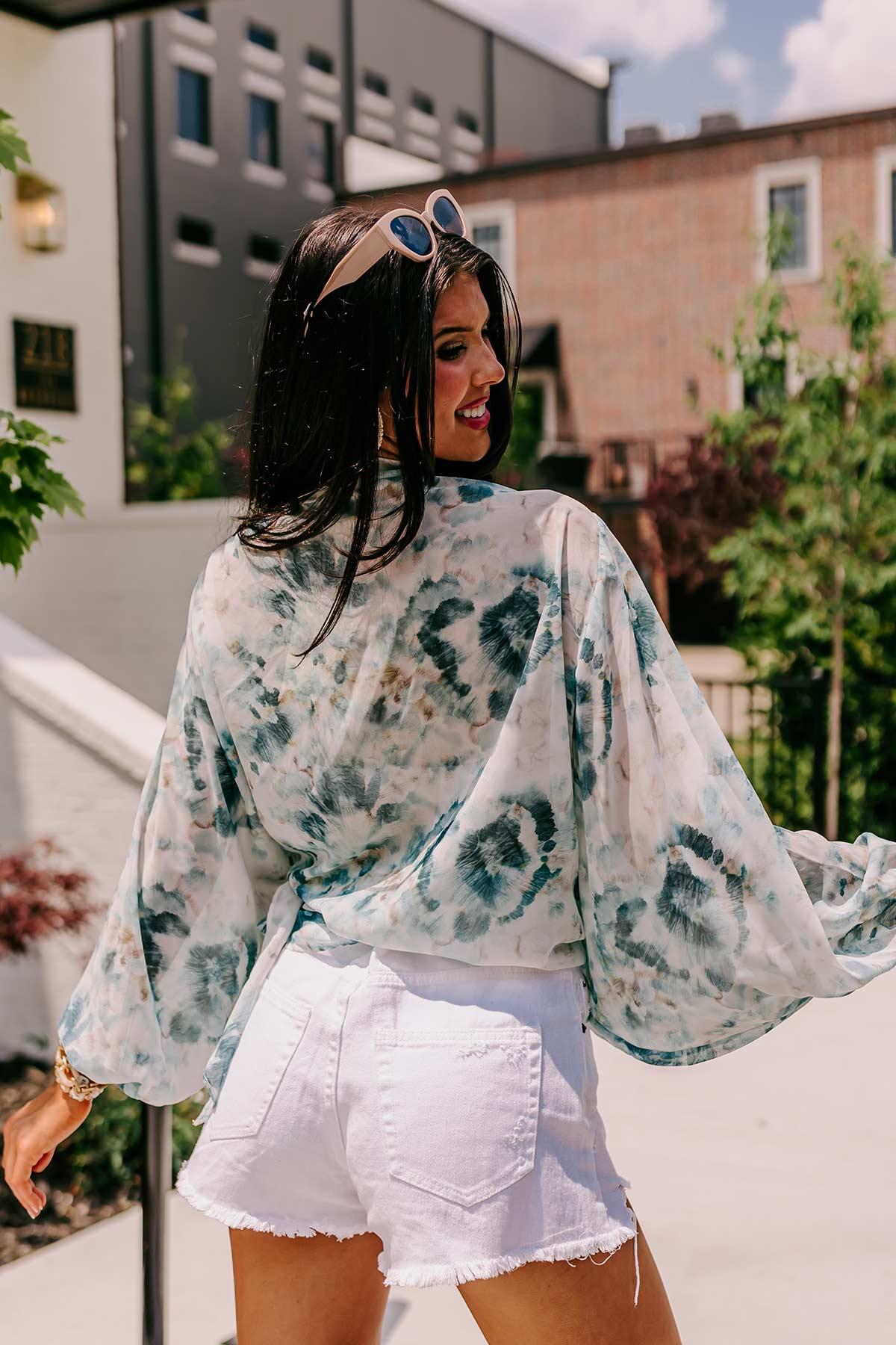 Somewhere Tropical Watercolor Tie Top In Dark Teal Product Image