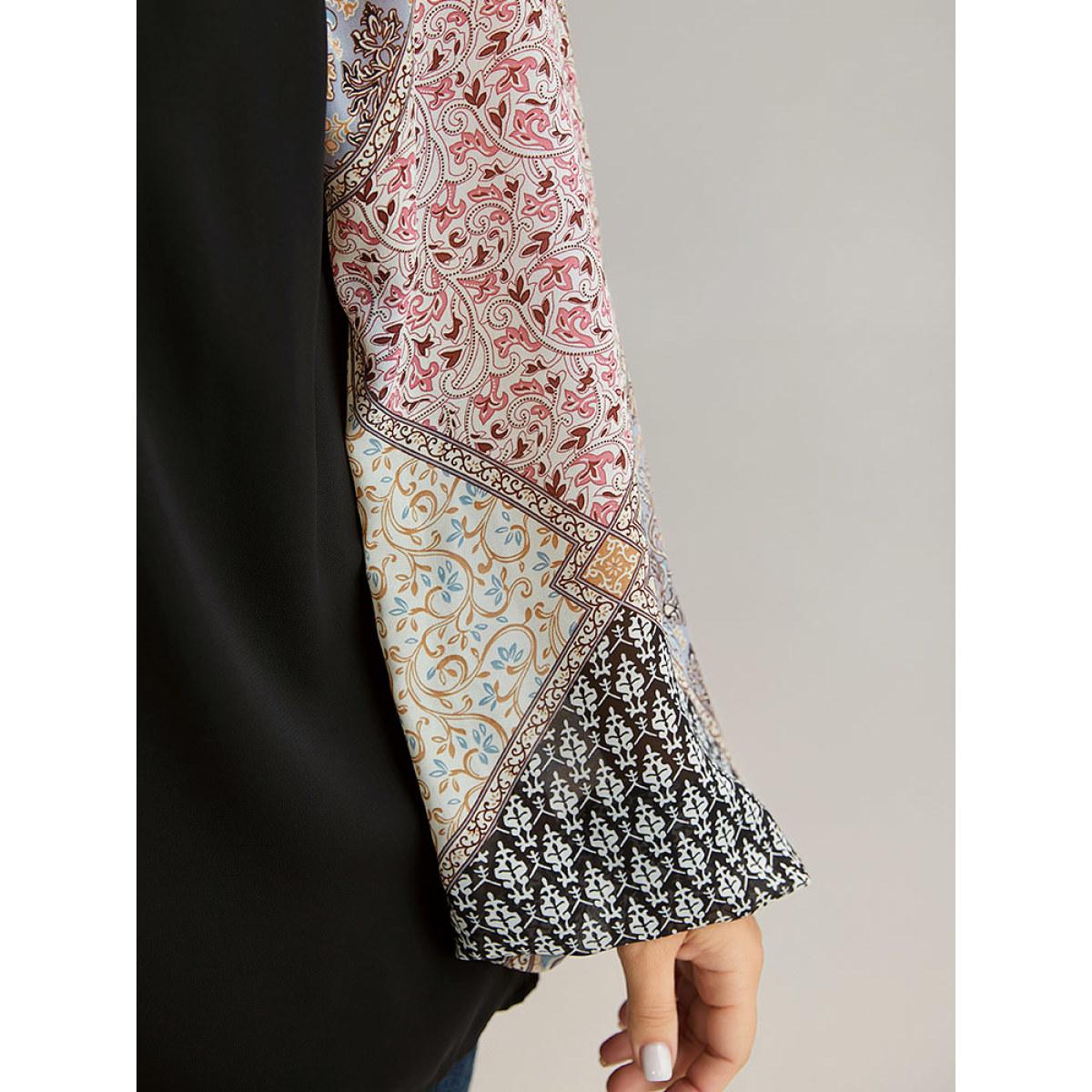 Plus Size Black Bandana Patchwork Twill Contrast Lantern Sleeve Blouse Women Elegant Long Sleeve V-neck Dailywear Blouses BloomChic 28/5X Product Image