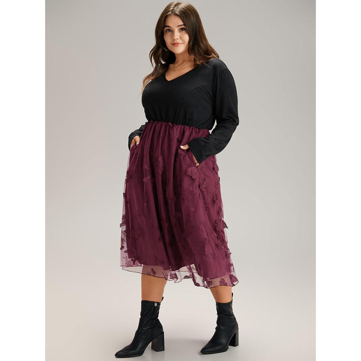 Plus Size Butterfly Graphic Patchwork Mesh Dress Burgundy Women Glamour See through V-neck Long Sleeve Curvy Midi Dress BloomChic 26/4X Product Image