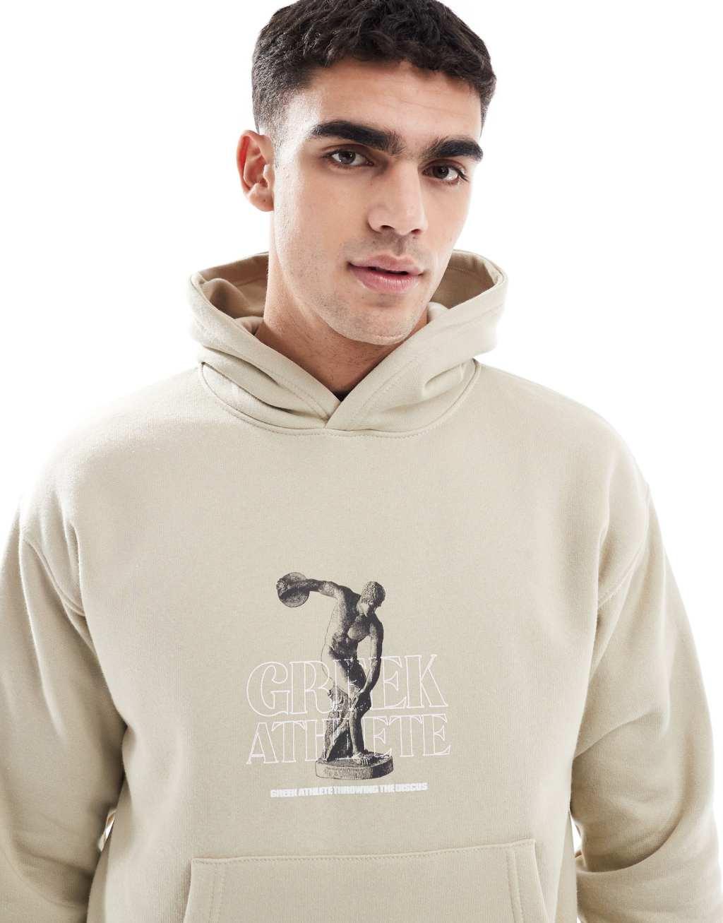 Pull&Bear front graphic printed hoodie in stone Product Image