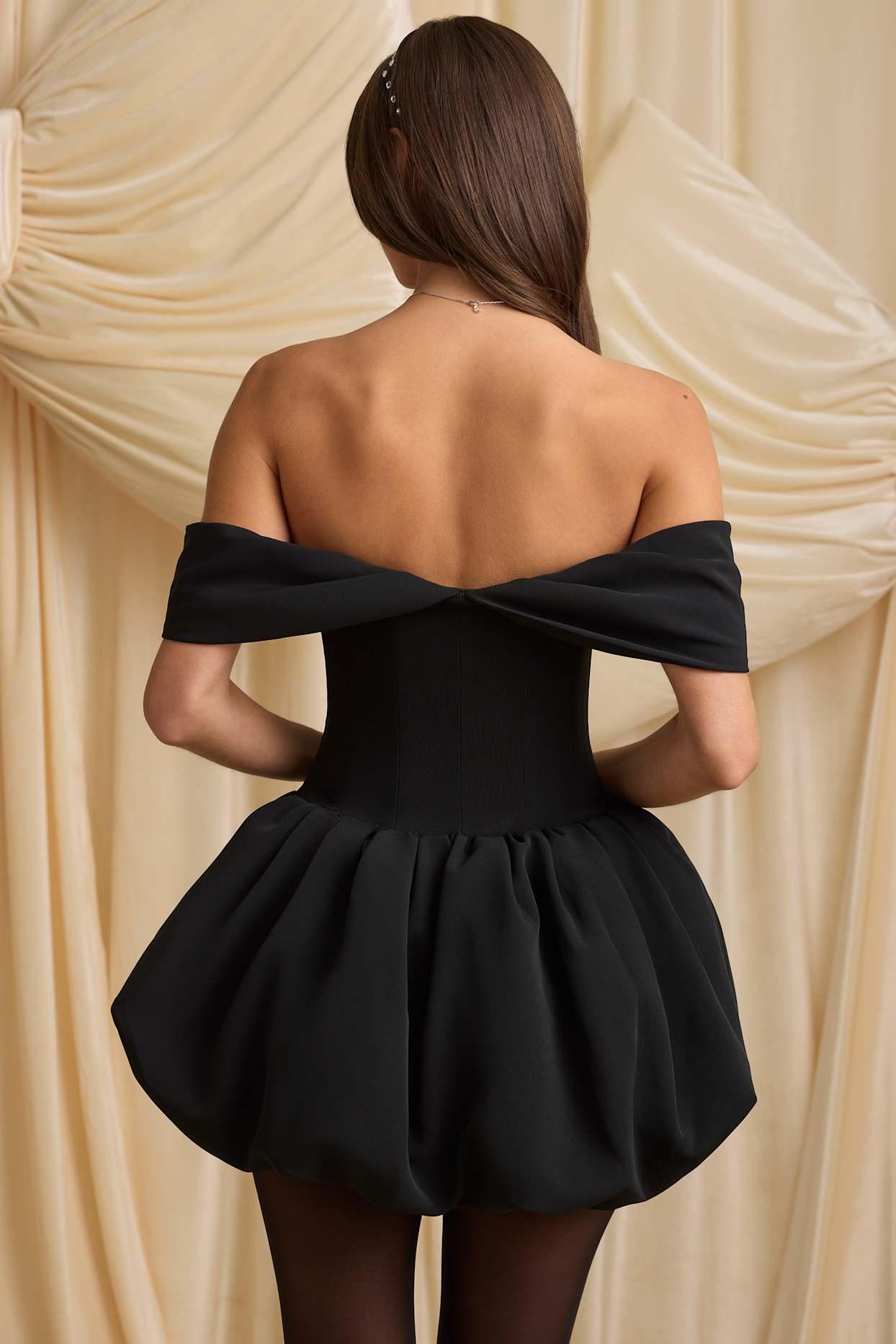Off-Shoulder Layered Bubble Hem Corset Mini Dress in Black Product Image
