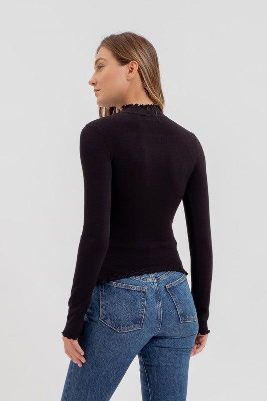 Lettuce Trim Mockneck Sweater Top Black Product Image