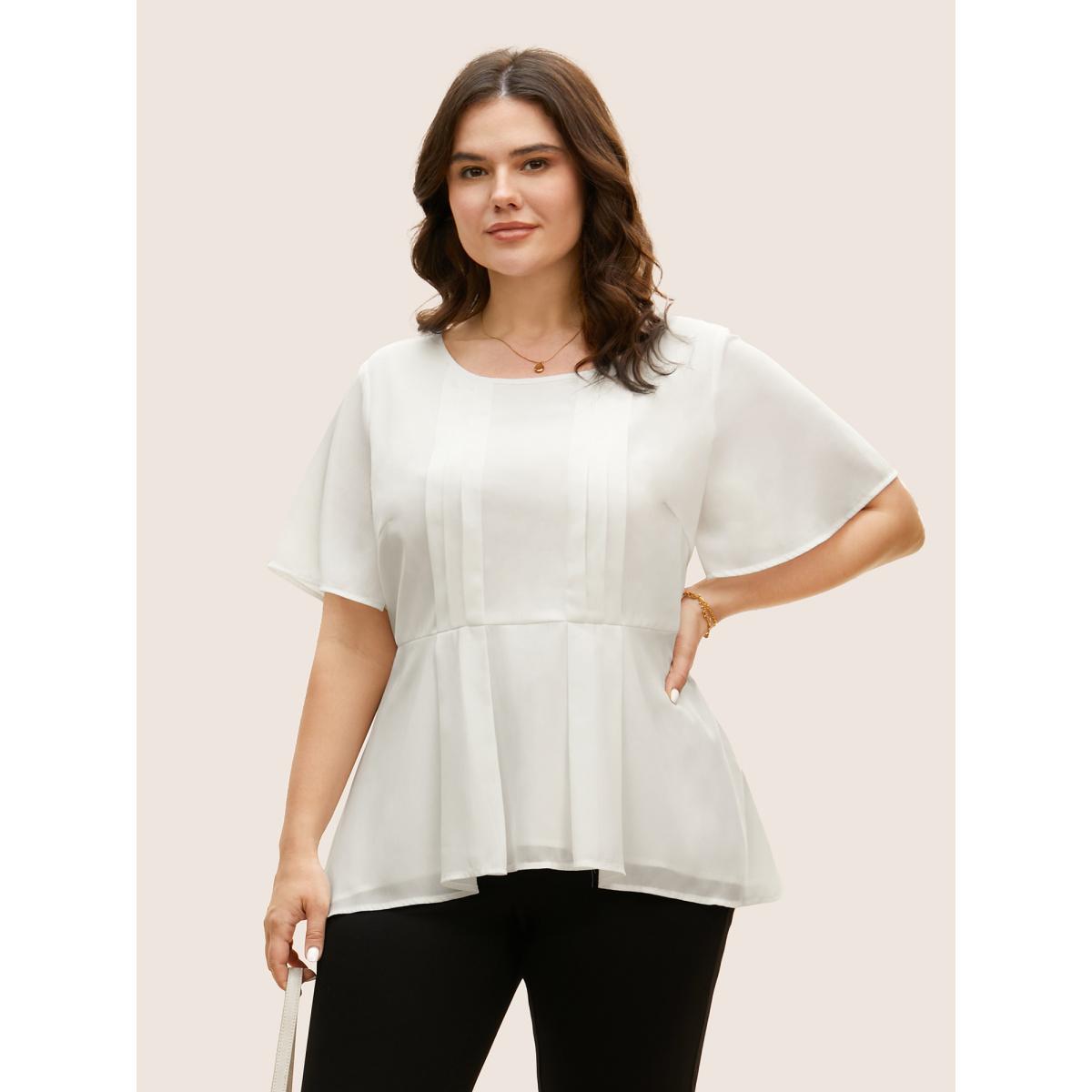Plus Size Ivory Tiered Mesh Pleated Ruffle Sleeve Blouse Women At the Office Short sleeve Round Neck Work Blouses BloomChic 12/L Product Image