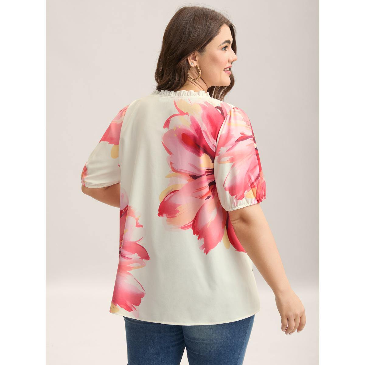 Plus Size Multicolor Floral Paradise Notched Collar Button Blouse Women Half Sleeve Notched collar Everyday-Elegant Blouses BloomChic 12/L Product Image