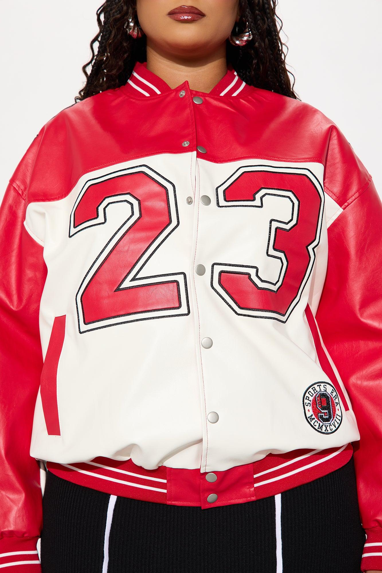 Game Day Leather Bomber Jacket - Red/combo Female Product Image