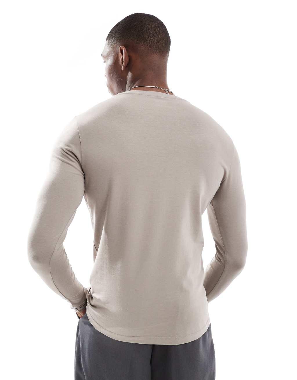 ASOS DESIGN essential muscle fit long sleeve T-shirt in stone Product Image