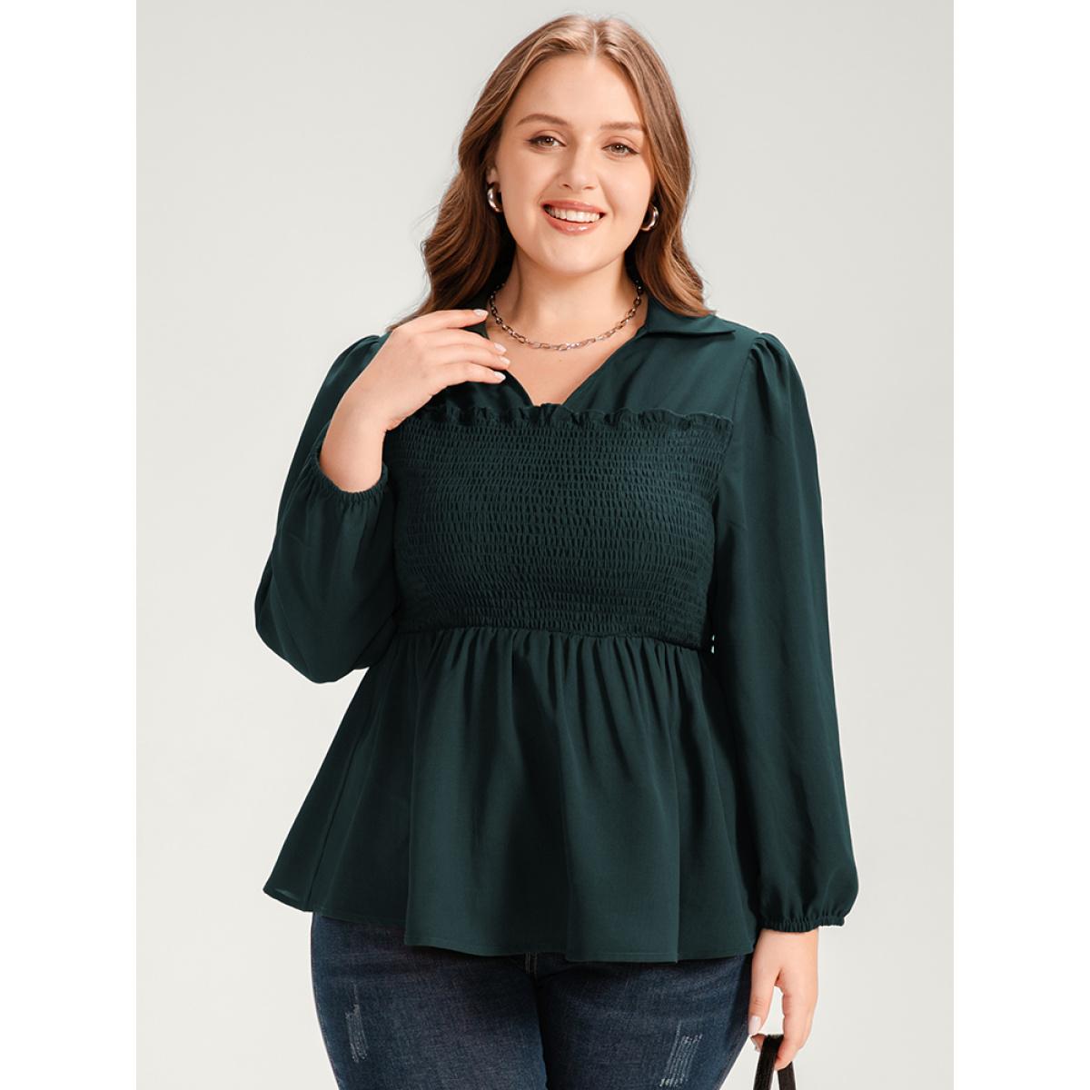 Plus Size DarkGreen Solid Lantern Sleeve Shirred Ruffles Blouse Women Office Long Sleeve Shirt collar Office Blouses BloomChic 22-24/3X Product Image
