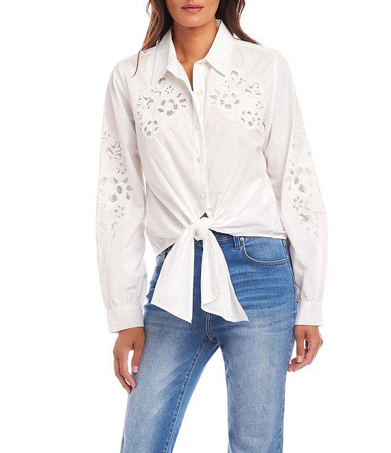 Karen Kane Eyelet Embroidered Floral Tie-Front Point Collar Long Sleeve Top Product Image