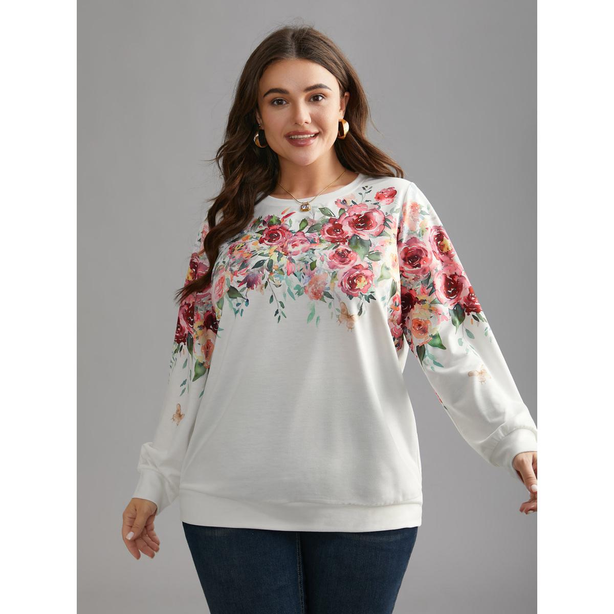 Plus Size Watercolor Floral Print Round Neck Sweatshirt Women WhiteSmoke Elegant Contrast Loose Round Neck Everyday Sweatshirts BloomChic 12/L Product Image