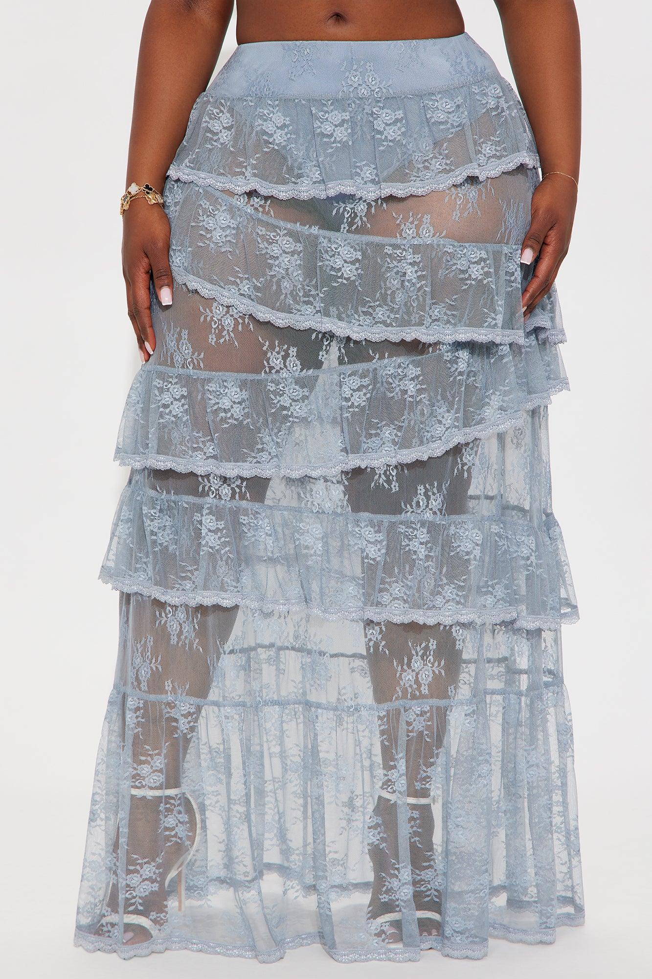 Daydreamer Sheer Lace Tiered Maxi Skirt - Light Blue Female Product Image