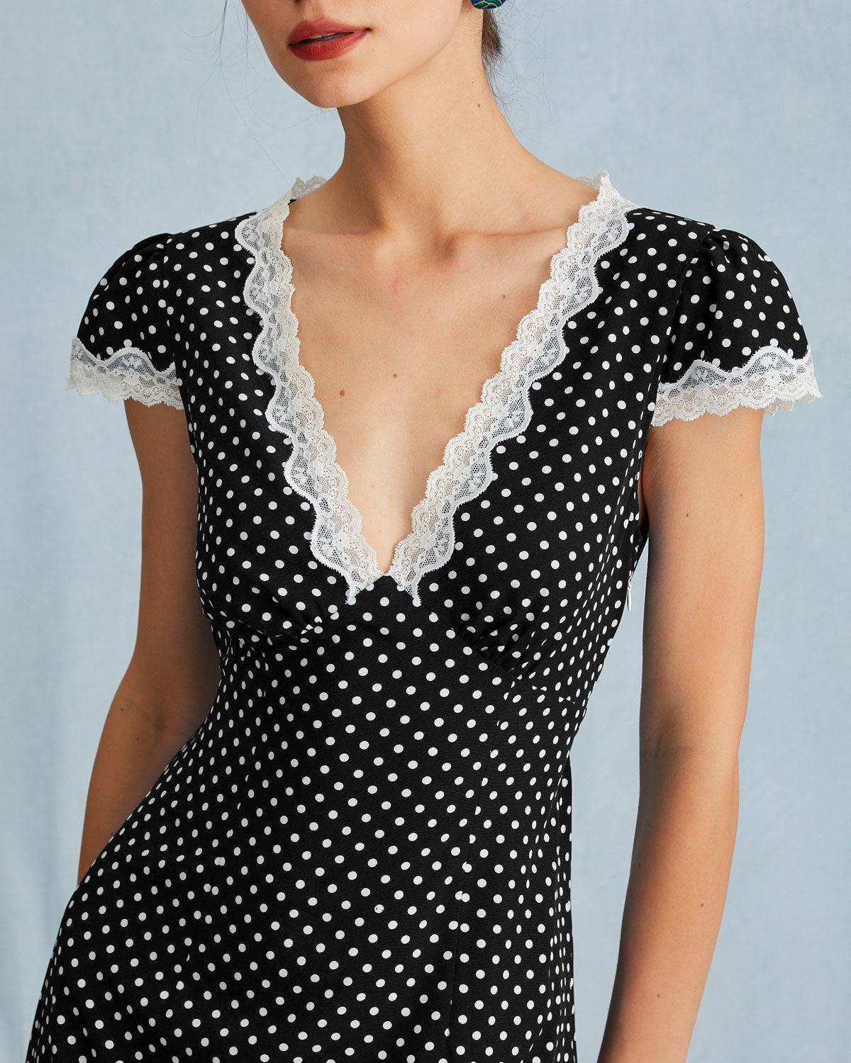 Black Polka Dot Lace Trim Maxi Dress Product Image