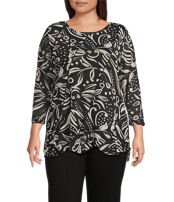 Slim Factor by Investments Plus Size Kiki Paisley Print Crew Neck Long Sleeve Ruffled Hem Lined Top Product Image