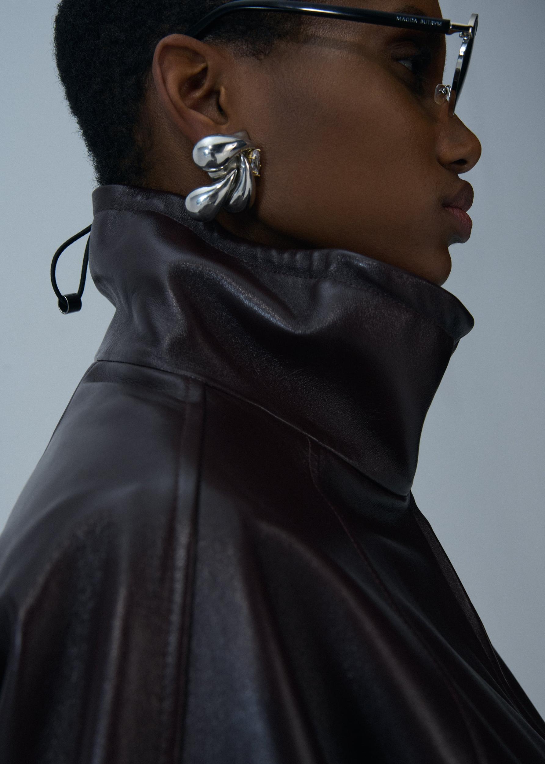 Elasticized leather bomber jacket in burgundy Product Image