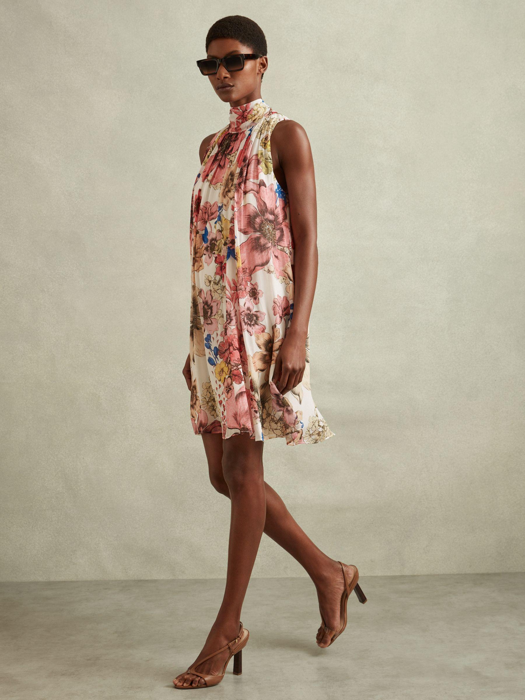 Floral Pleated Tie Neck Mini Dress in Cream/Pink Product Image