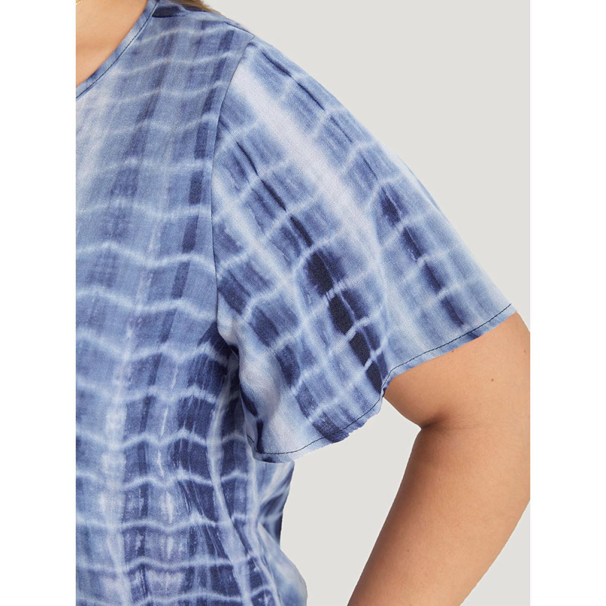 Plus Size Blue Tie Dye Ruffle Sleeve Crew Neck Blouse Women Vacation Short sleeve Round Neck Dailywear Blouses BloomChic 30/6X Product Image