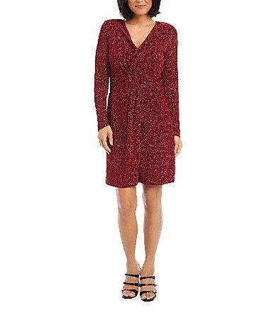 Karen Kane Soft Metallic Knit Surplice V-Neck Long Sleeve Front Twist Stretch Sheath Dress Product Image