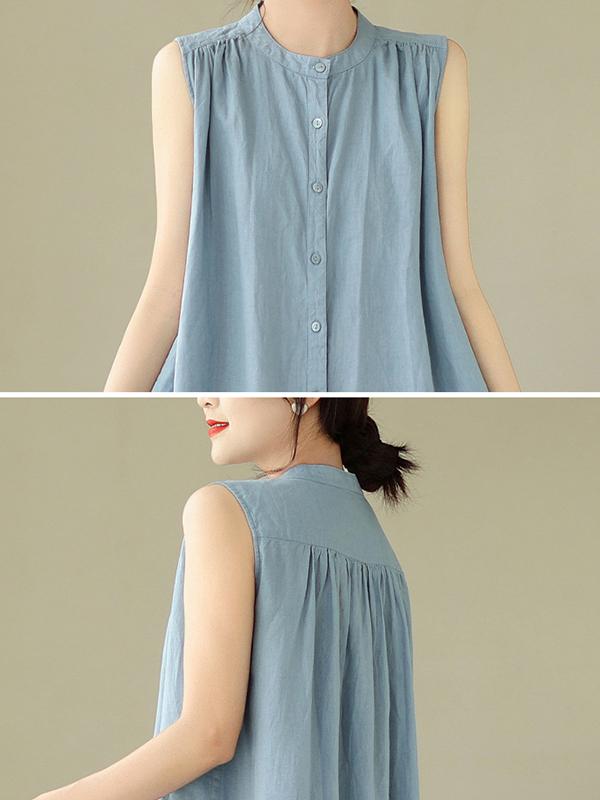 A-Line Sleeveless Buttoned Pleated Solid Color Round-Neck Midi Dresses Product Image