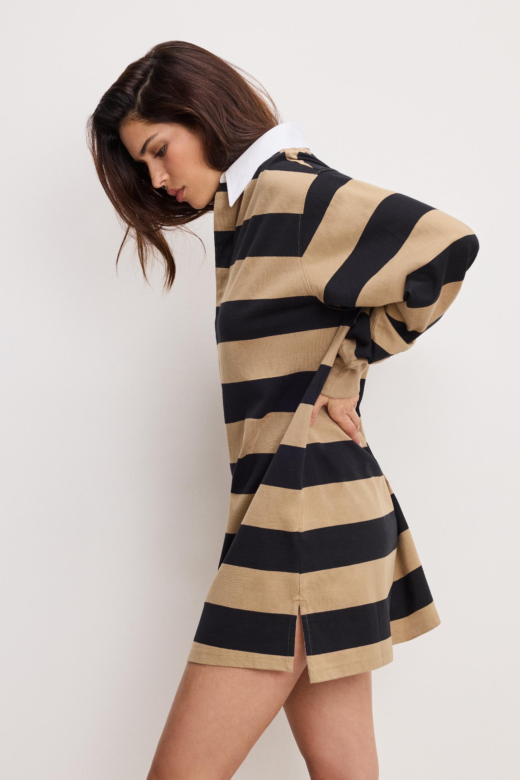JERSEY POLO MINI DRESS | GOOD KHAKI AND BLACK RUGBY STRIPE001 Product Image