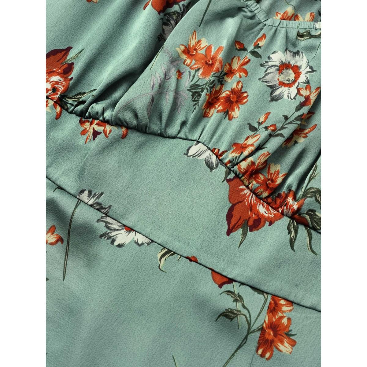 Plus Size Floral Elastic Waist Gathered Split Front Dress Mint Women Elegant Non Square Neck Elbow-length sleeve Curvy Midi Dress BloomChic 14-16/1X Product Image