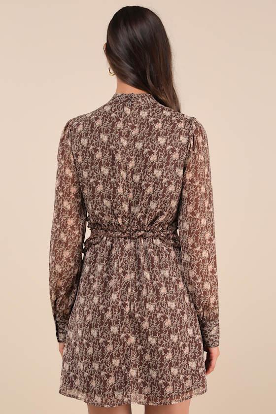 Autumn Bliss Brown Floral Print Long Sleeve Cutout Mini Dress Product Image