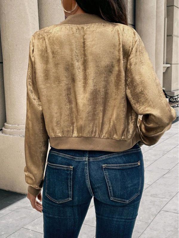 Long Sleeves Loose Shiny Split-Joint Zipper Round-Neck Outerwear Product Image