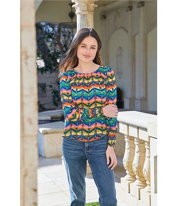 APNY Woven Printed Crew Neck Long Sleeve Smocked Blouse Product Image