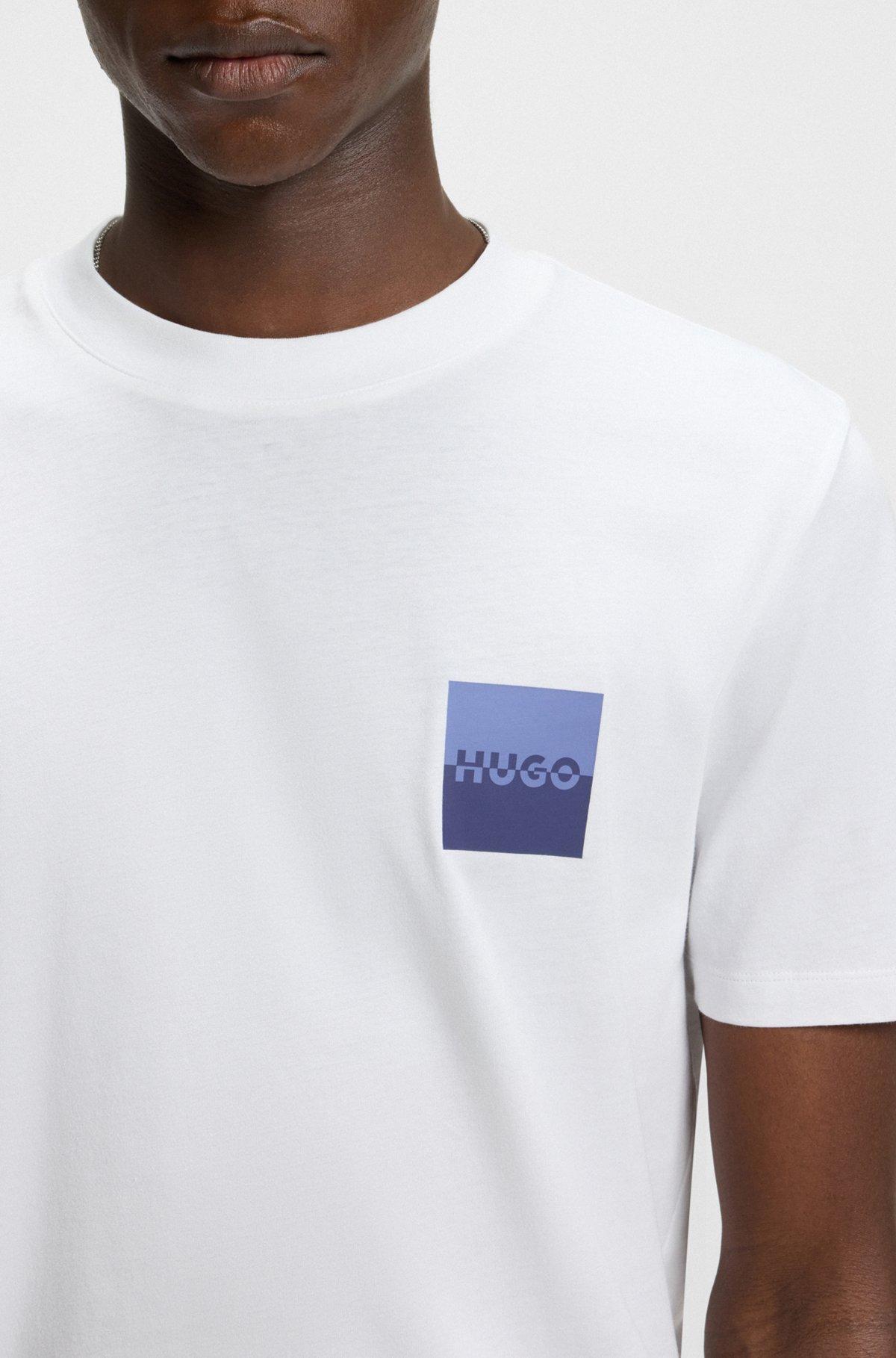 HUGO - Cotton-jersey T-shirt with curved-logo print - White Product Image