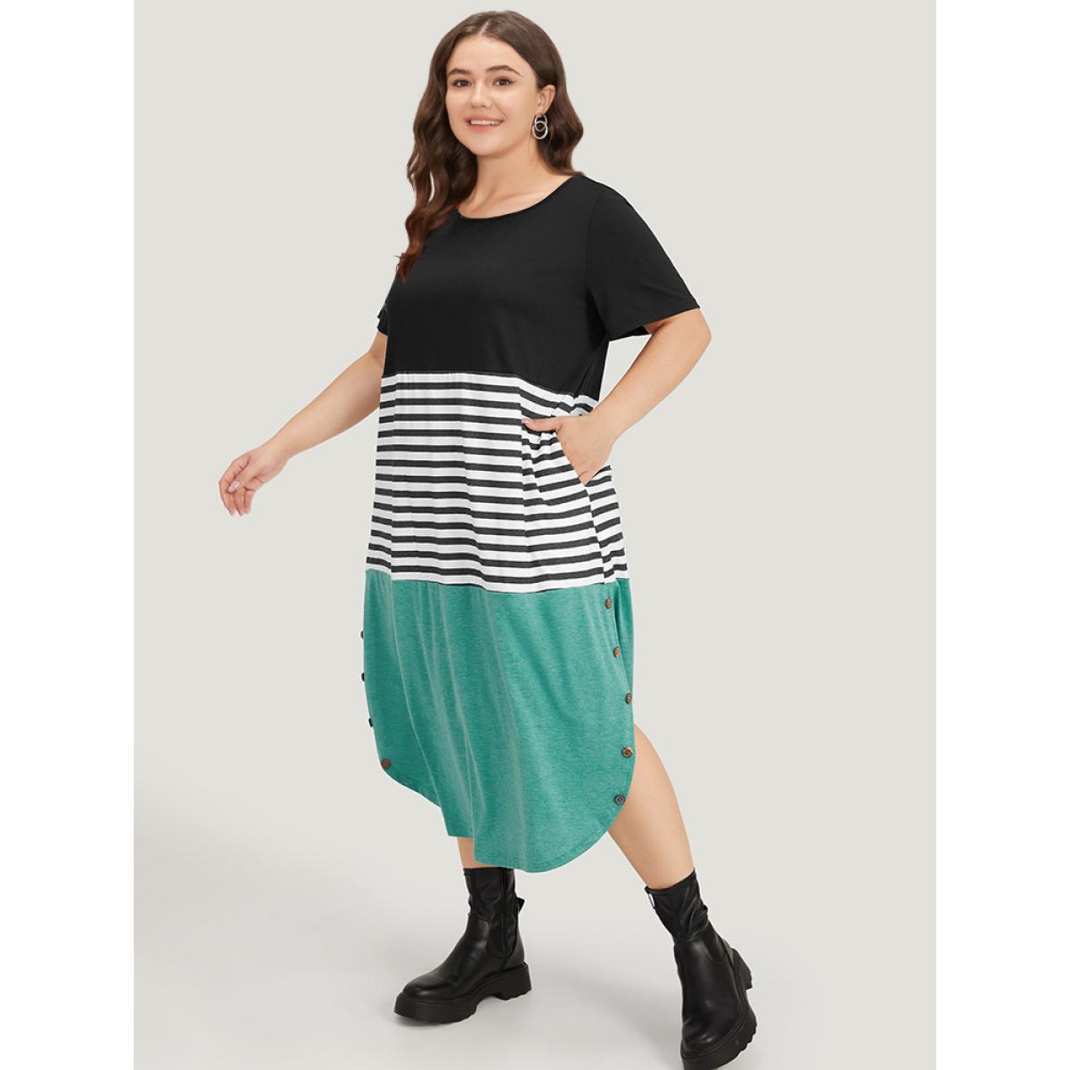 Plus Size Supersoft Essentials Striped Colorblock Arc Hem Button Detail Dress Black Women Casual Arc Hem Round Neck Short sleeve Curvy Midi Dress BloomChic 30/6X Product Image