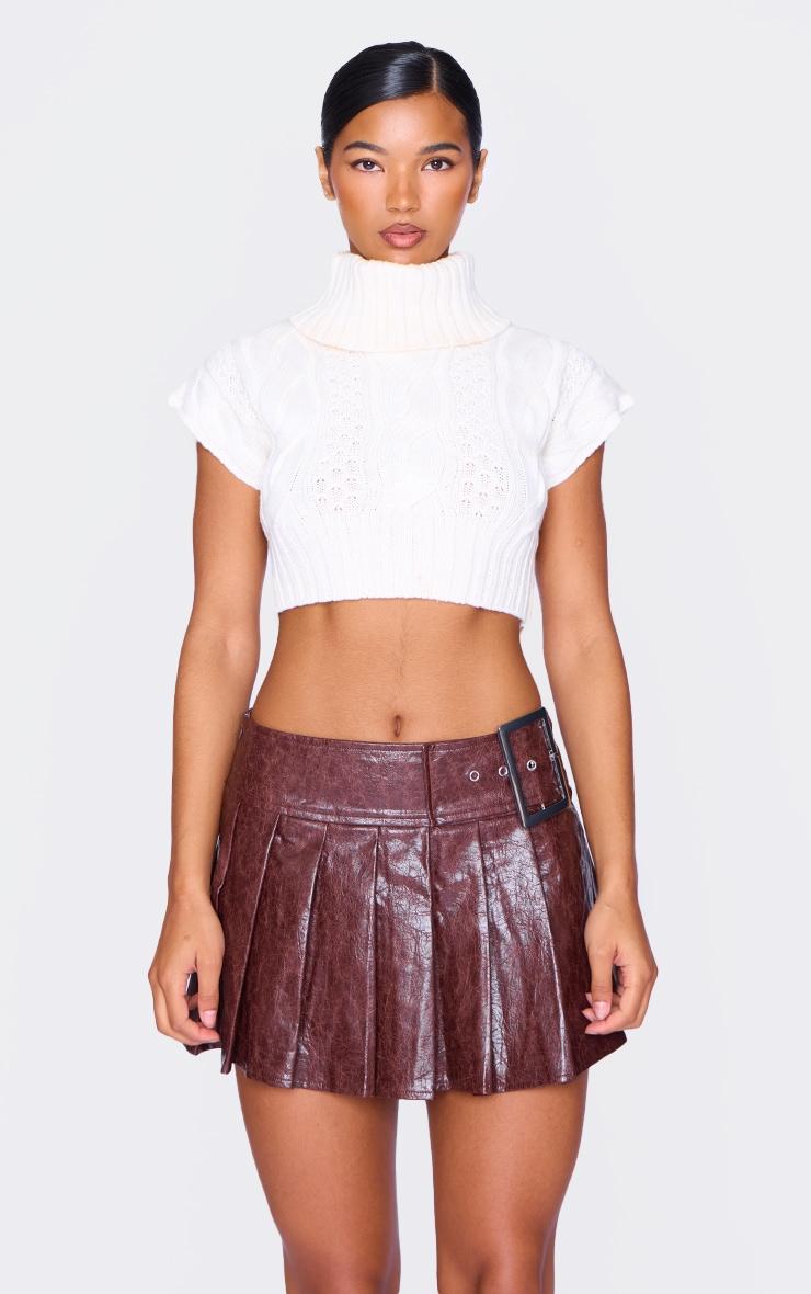 Burgundy Faux Leather Belt Pleated Mini Skirt Product Image