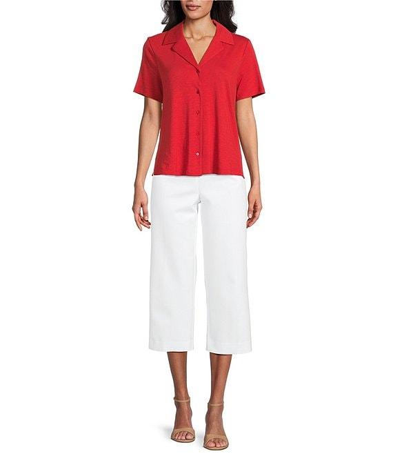 Investments Knit Short Sleeve Button Front Notch Collar Camp Top Product Image
