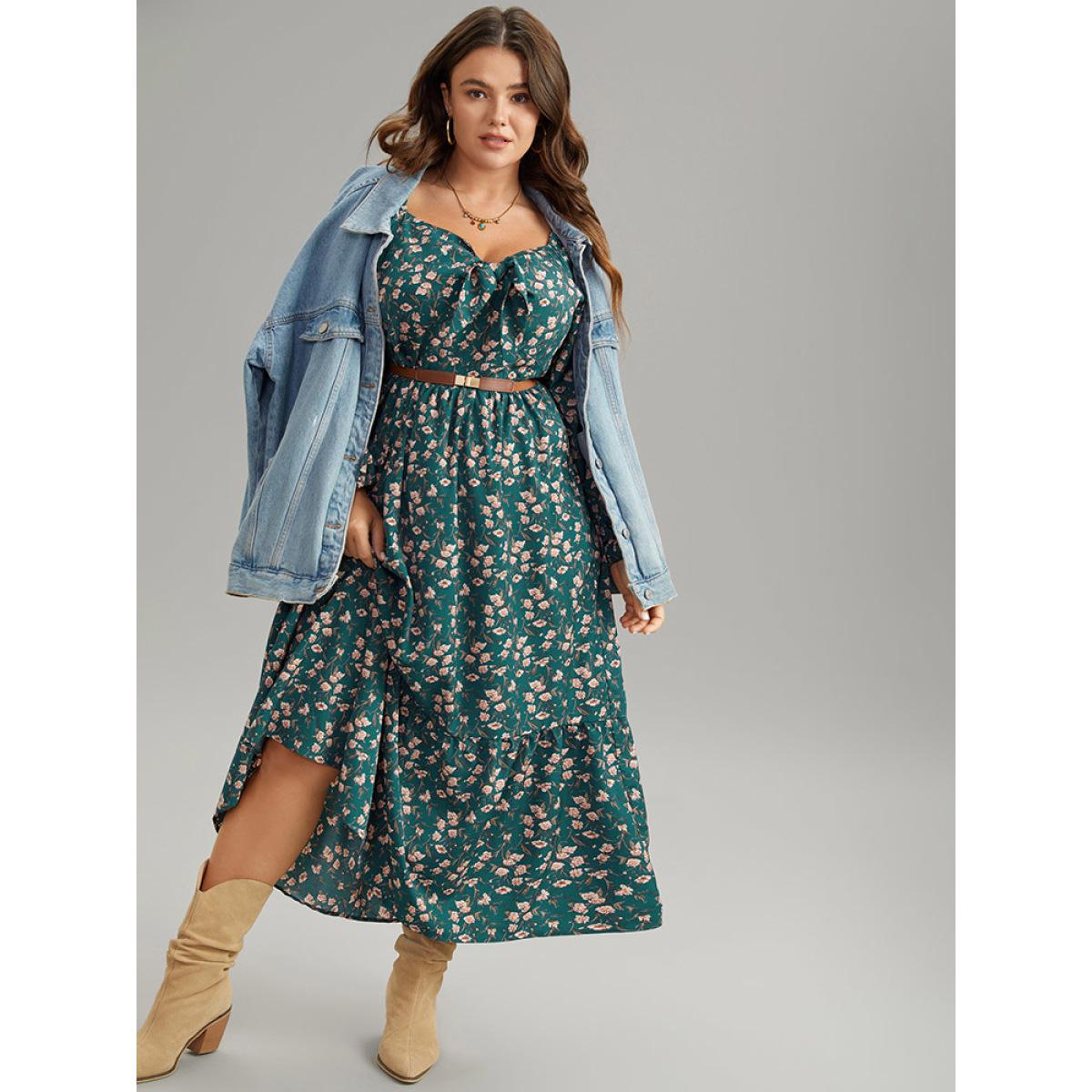 Plus Size Ditsy Floral Square Neck Elastic Waist Ties Dress Teal Women Vacation Elastic cuffs Square Neck Long Sleeve Curvy Midi Dress BloomChic 14-16/1X Product Image