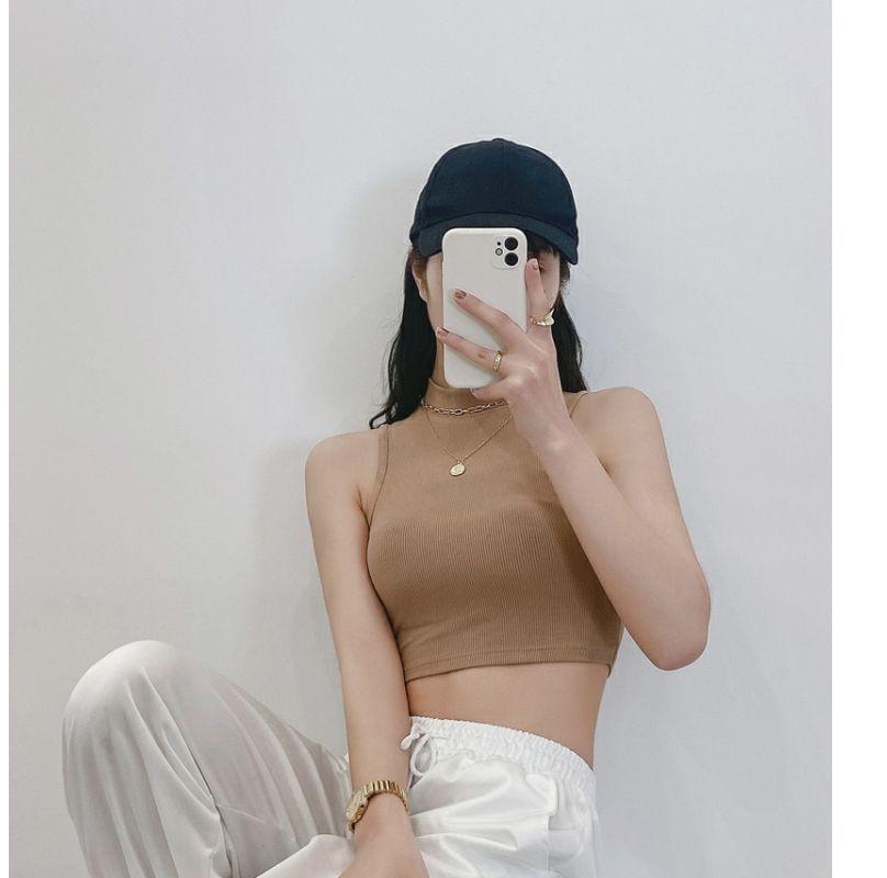 Mock Neck Plain Crop Tank Top Product Image
