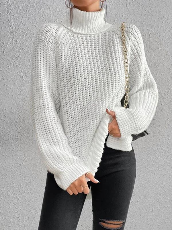 Long Sleeves Loose Solid Color Split-Side High Neck Pullovers Sweater Tops Product Image