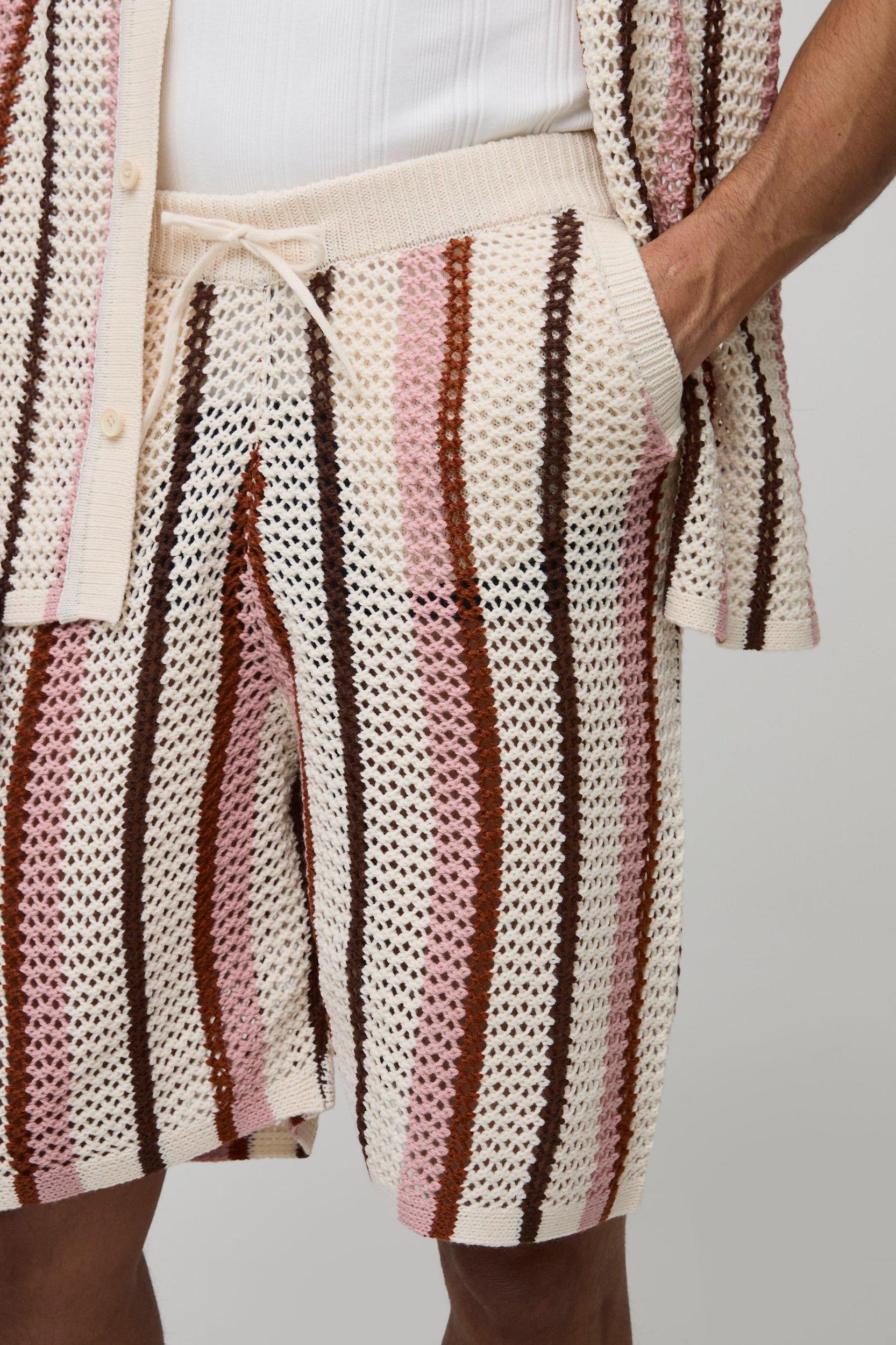 Relaxed Fit Mid Length Open Stitch Stripe Knitted Shorts | boohooMAN USA Product Image