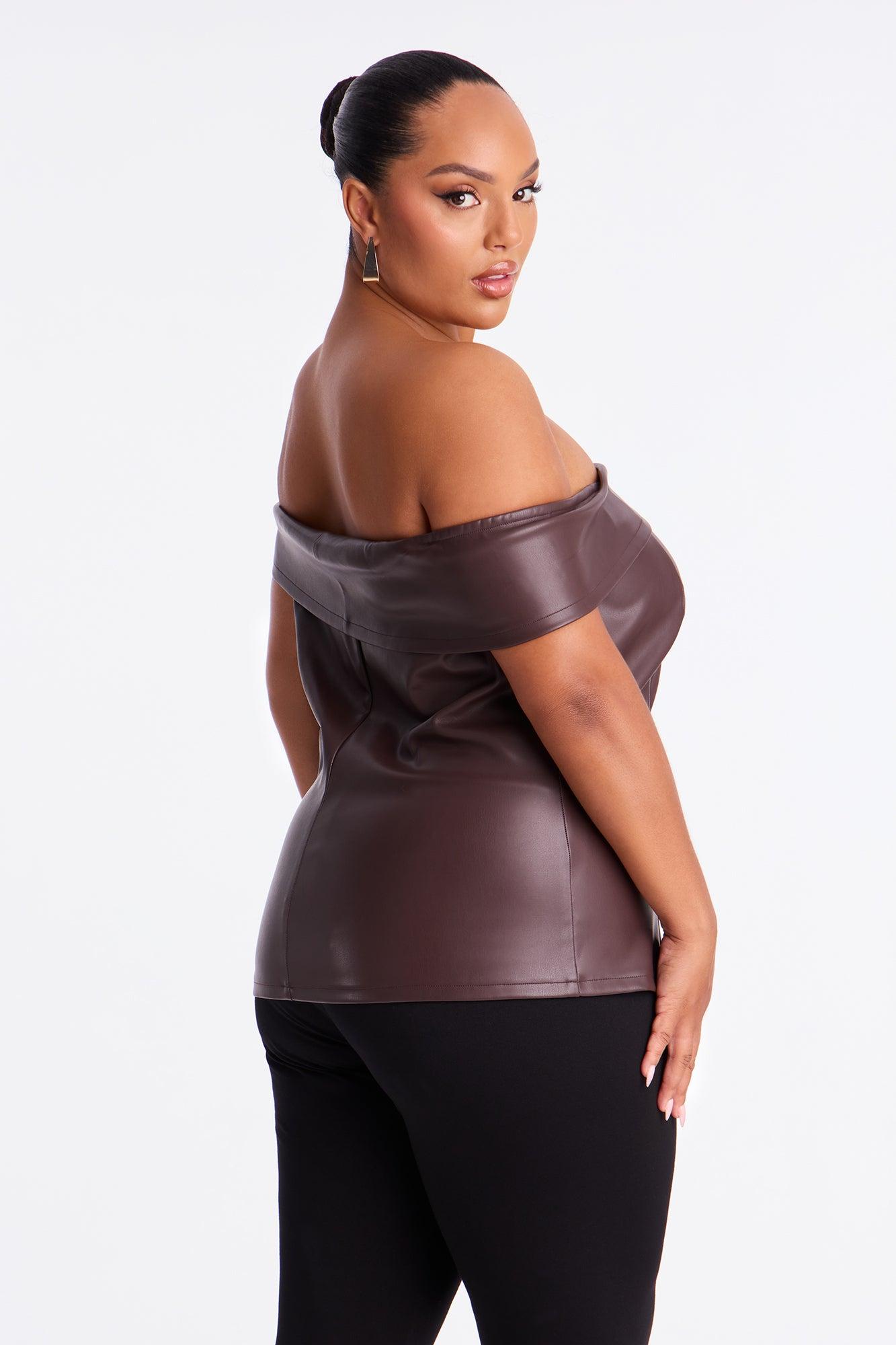 Street Chic Faux Leather Off Shoulder Top - Brown Female Product Image