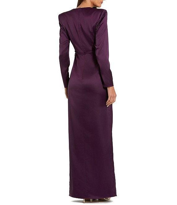 Mac Duggal Long Sleeve Crew Neck Ruched Waist Draped Bow Thigh High Slit Satin A-Line Gown Product Image