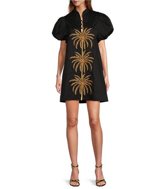 Mestiza New York Poplin Palm Tree Embroidered Mandarin Collar Short Puff Sleeve Dress Product Image