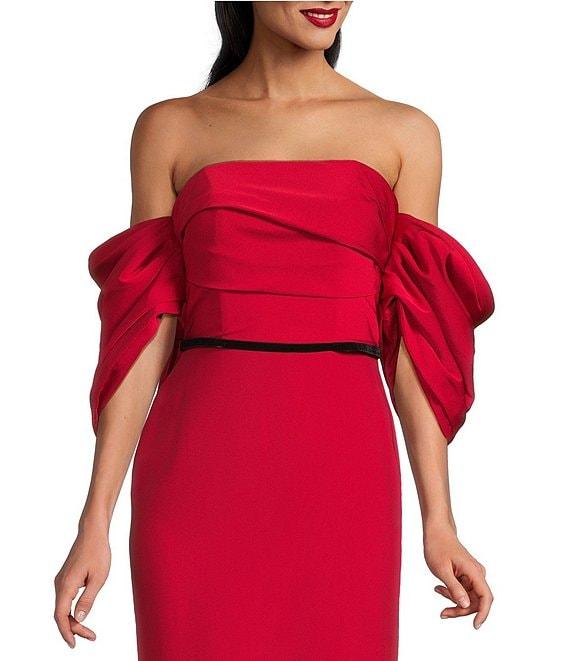Terani Couture Off-The-Shoulder Draped Short Sleeves Matte Satin Column Gown Product Image