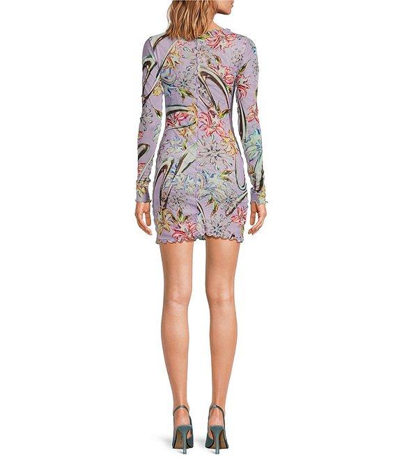 Agua Bendita Hadley Silver Printed Mesh Boat Neck Long Sleeve Mini Dress Product Image
