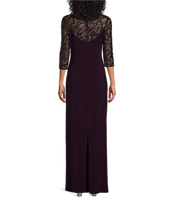 Le Bos Stretch Sequin Lace Mesh Crew Neck 3/4 Illusion Sleeves Back Slit Column Dress Product Image