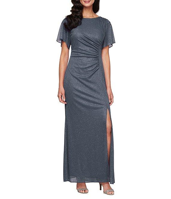 Ignite Evenings Short Sleeve Round Neck Front Slit Glitter Jersey Dress Product Image