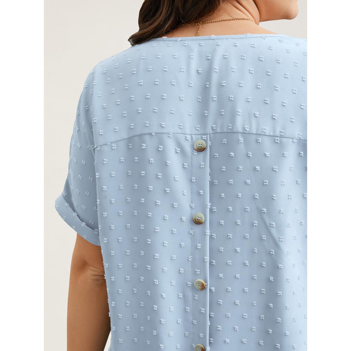 Plus Size LightBlue Back-Button Textured V-Neck Shirt Women Timeless Short sleeve V-neck Elegant Blouses BloomChic 28/5X Product Image