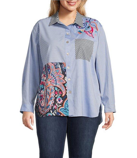 John Mark Plus Size Embroidered Woven Stripe Point Collar Long Roll-Tab Sleeve Button Front Tunic Product Image