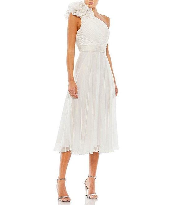 Mac Duggal Asymmetrical One Shoulder Sleeveless Ruffle Midi Dress Product Image