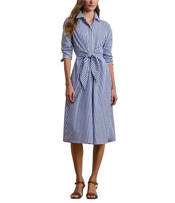 Lauren Ralph Lauren Broadcloth Stripe Print Point Collar Neck Long Sleeve Tie Front Shirt Midi Dress Product Image