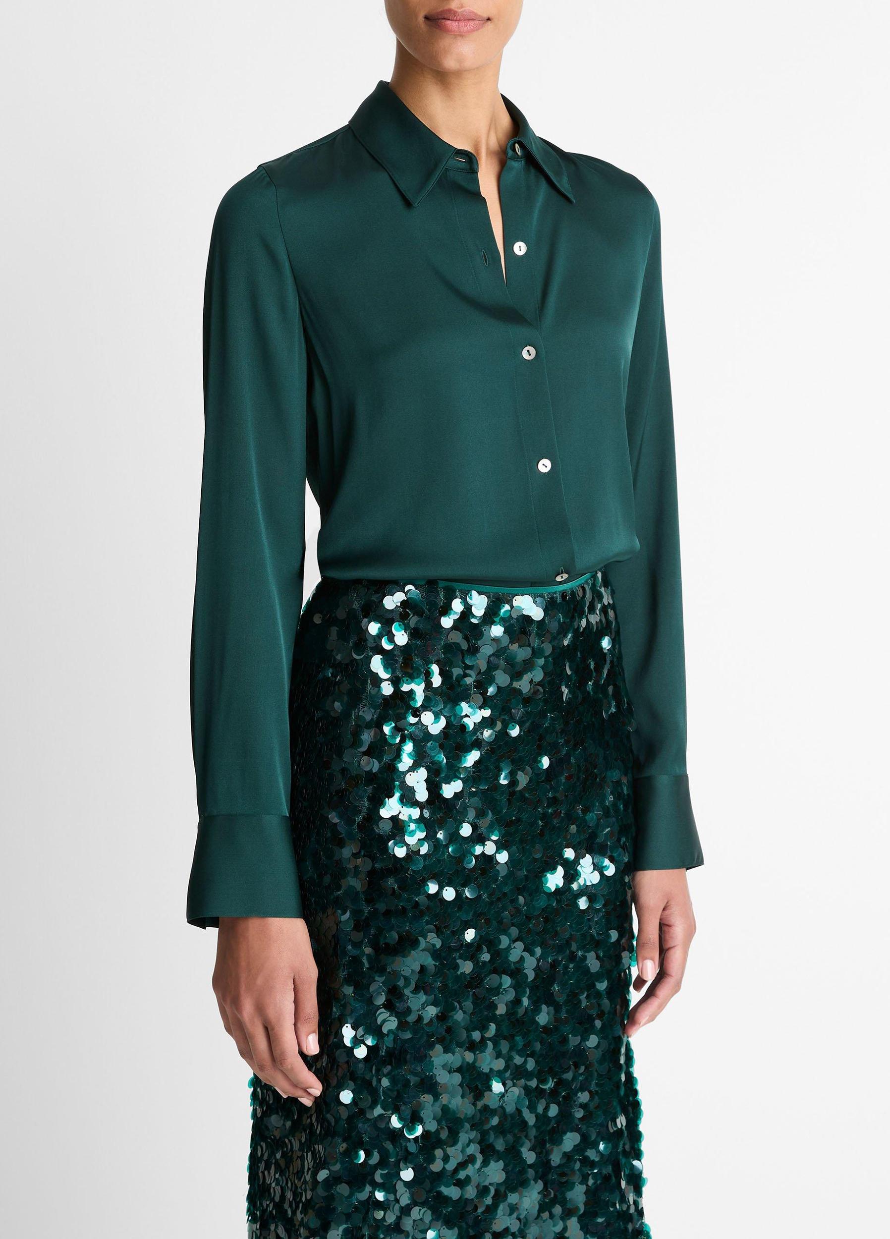 Silk-Blend Slim Button-Front Blouse Product Image