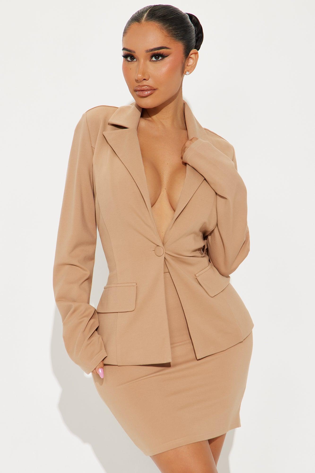 The Mia Double Lined Ponte Blazer Skirt Set - Tan Product Image