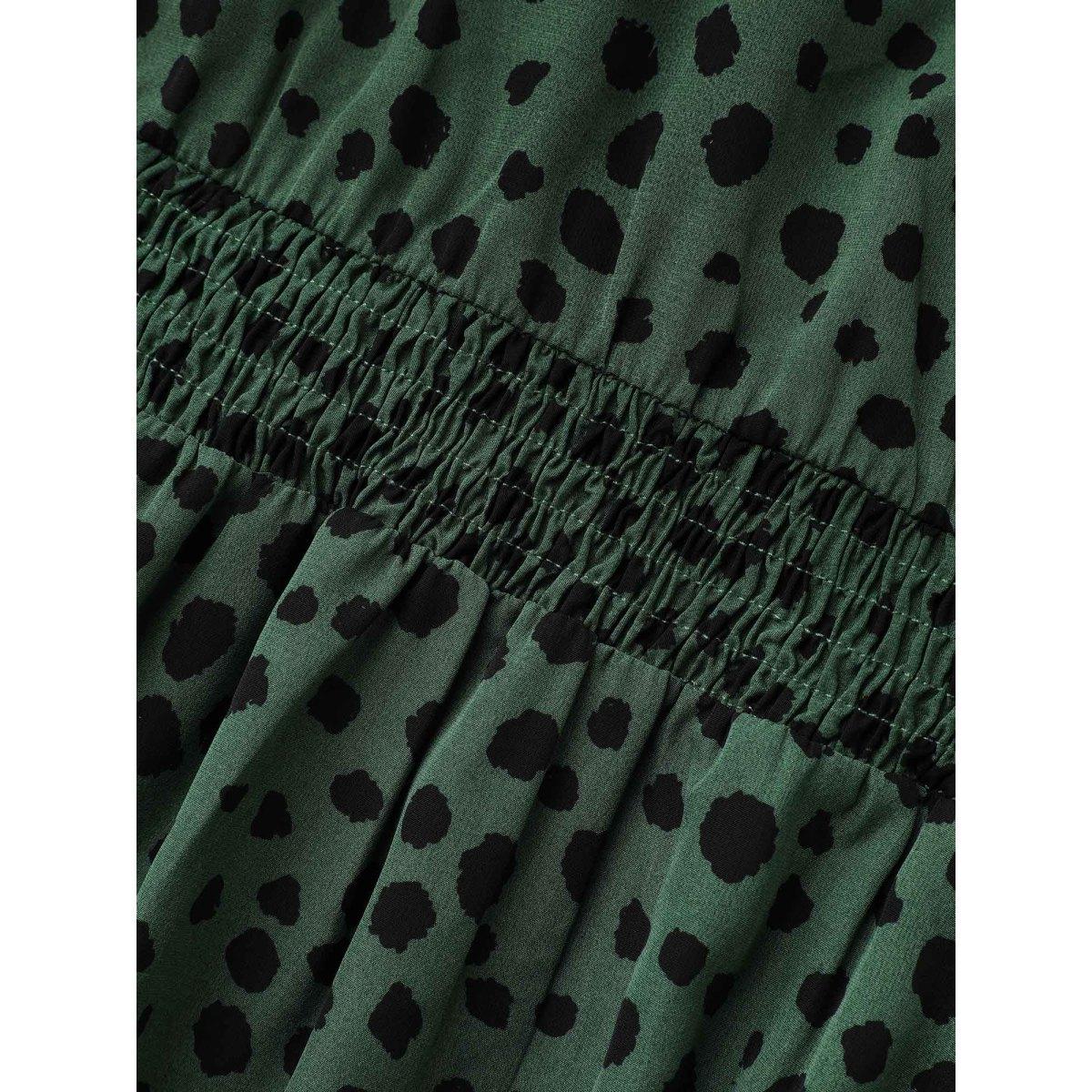 Plus Size Polka Dot Shirred Frill Trim Dress DarkGreen Women At the Office Frill Trim Mock Neck Long Sleeve Curvy BloomChic 18-20/2X Product Image